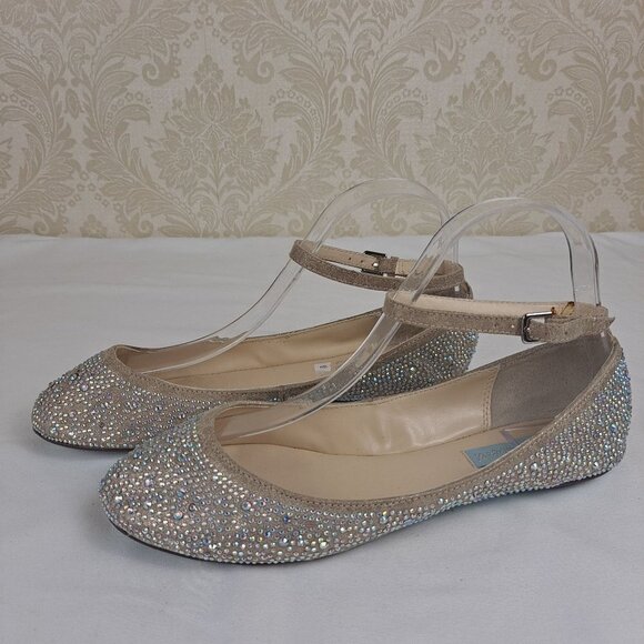 Betsey Johnson Size 7.5B Crystal Covered Ballet Flats Ankle Strap Gold Toned - Picture 1 of 14